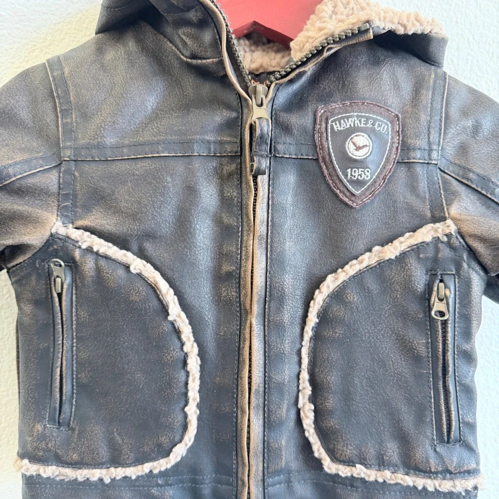 Hawke & Co Kids Brown Faux Leather Sherpa Lined Aviator Hooded Jacket 12M